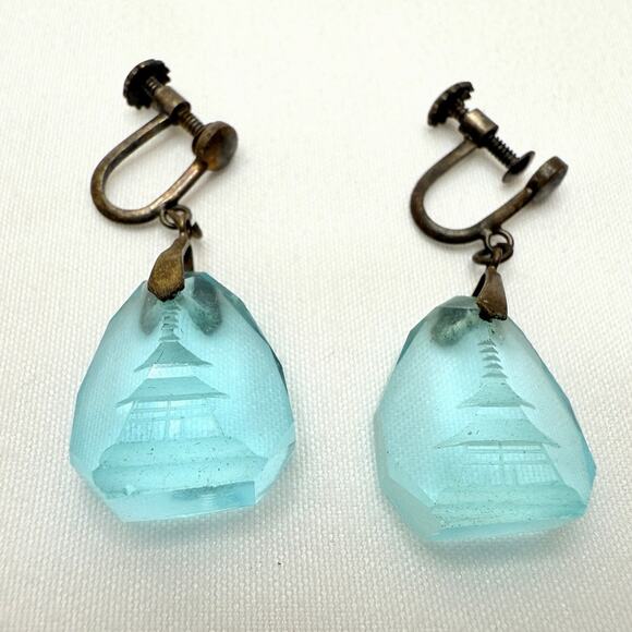 Antique Art Deco Czech Glass Pagoda Reverse Intaglio Necklace & Earrings Set - Picture 3 of 9